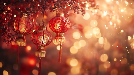 Vibrant Lunar New Year celebration background with traditional Chinese elements. A clean and elegant red backdrop featuring golden lanterns, generative ai