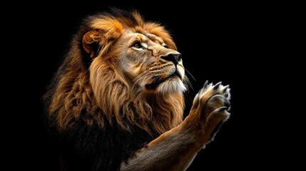 Naklejka premium Majestic Lion with Paw Raised in Prayer-like Pose
