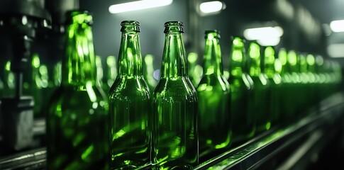  Green glass bottles on the production line in close-up view 