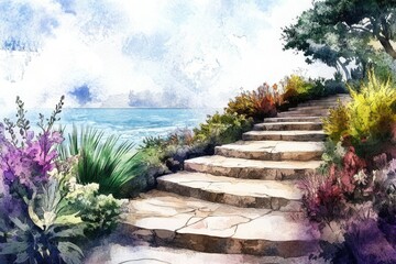 Obraz premium Hand-painted Scenic Garden Landscape with Stone Steps and Walking Path