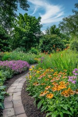 Idyllic Garden Oasis. Hand-painted Watercolor Landscape with Lush Floral Design