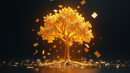 Naklejka premium Golden Cash Tree glow against the background of a dark background