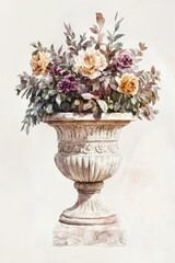 Obraz premium Luxury Marble Flower Pot in Classical Garden Design, Handcrafted Watercolor Illustration of Ancient Roman Sculpture