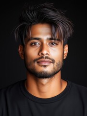 Obraz premium Portrait of a young Bangladeshi man with a beard with a thoughtful expression, soft studio lighting on a dark background
