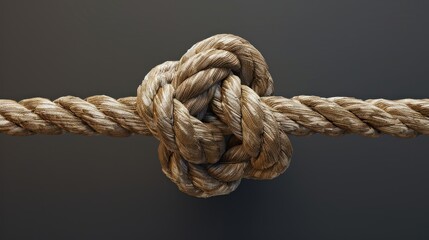 A close-up of a tightly tied knot in a thick rope against a dark gray background.