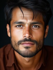 Fototapeta premium Portrait of a young Bolivian man with a beard with a thoughtful expression, soft studio lighting on a dark background