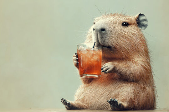 Capybara drinking a cocktail drink in summer time funny animal.