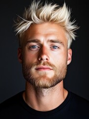 Obraz premium Portrait of a young British man with a beard with a thoughtful expression, soft studio lighting on a dark background