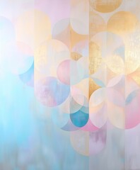 Geometric background of pastel colors of circles, soft pink and blue, patterned to form a grid of golden section. The background is a gradient, gold leaf inserts, imitation of oil colors