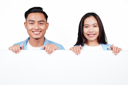 Asian man and woman with blank poster isolated transparent
