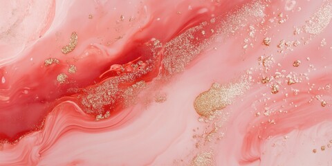 Fototapeta premium Abstract red liquid spilled nail polish, rose gold glitter, vibrating liquid textures with glossy shimmery finish, abstract liquid movement, pastel colors with glitter, 3D rendering of colorful