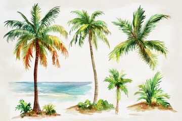 Naklejka premium Tropical Paradise Oasis. Hand-painted Watercolor Illustration of Exotic Flora and Fauna