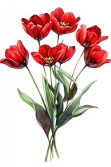Obraz premium Vibrant Tulip Bouquet: Hand-drawn Watercolor Illustration of Red Tulips in Bloom