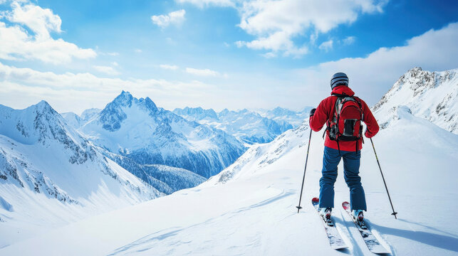 A lone skier rides the lift through a stunning snowy mountain landscape on a crisp winter day