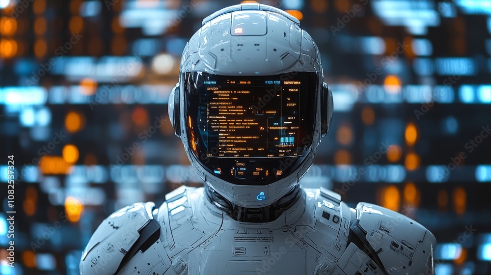 Poster an advanced android stands before a futuristic holographic display in a high-tech environment
