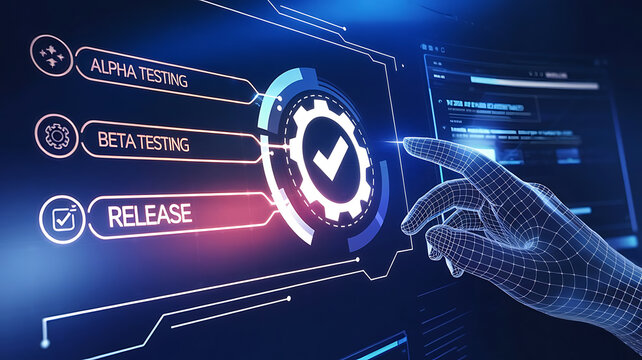 Futuristic Interface of Software Development Lifecycle with Testing Phases, software development, alpha testing, beta testing, release phase, software lifecycle.
