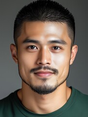 Obraz premium Portrait of a young Chinese man with a beard with a thoughtful expression, soft studio lighting on a dark background