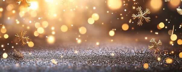 Golden snowflakes falling on glittering surface during christmas celebration