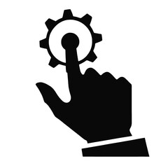A hand silhouette pointing at a gear icon, representing technology