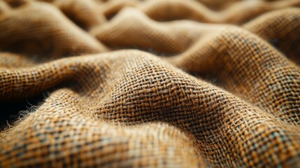 Fototapeta premium The fabric lies softly with gentle folds, revealing its intricate texture and warm tones, illuminated by natural light from nearby windows.