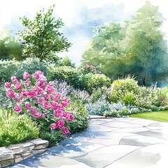 Fototapeta premium Watercolor Rose Garden: Elegant Landscape Design with Lush Plantings and Blooming Flowers
