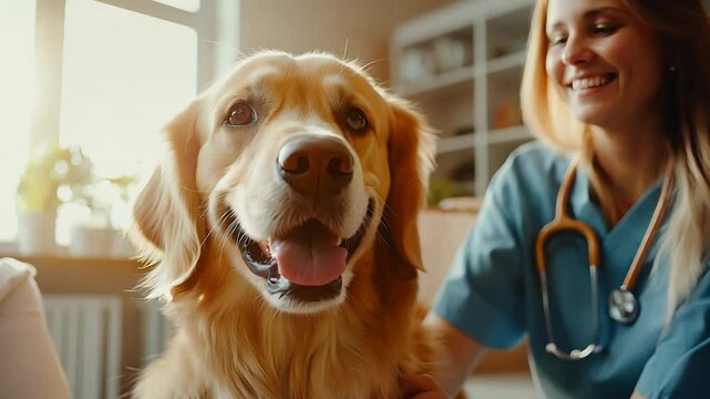 Pet care, stethoscope and dog with veterinary girl in consultation office for growth, wellness and examination. Puppy, inspection and animal clinic for golden retriever assessment, help or checkup