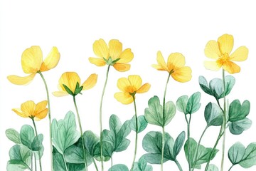 Obraz premium Wild Herbal Garden. Watercolor Botanical Illustration of Bright Yellow Celandine Flowers