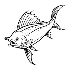dolphin (mahi-mahi fish) fish design, labeled linocut vector silhouette illustration.