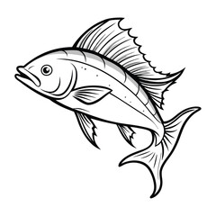 dolphin (mahi-mahi fish) fish design, labeled linocut vector silhouette illustration.