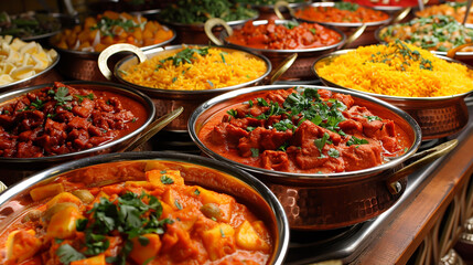 Fototapeta premium Indian Cuisine Buffet with Colorful Variety of Traditional Dishes in Copper Bowls