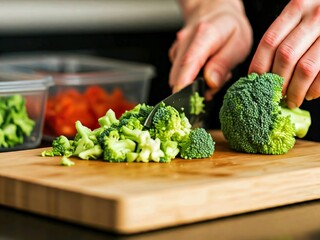 chopping fresh broccoli on a chopping board preparing healthy food containers. Healthy eating.