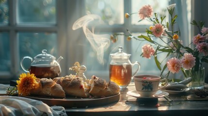 A teapot, a cup, and a plate of bread are arranged on a wooden table in front of a window, with flowers and steam rising from the teapot.
