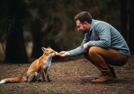 Man kneeling in forest feeding friendly fox by hand in tranquil setting