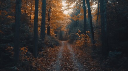 Fototapeta premium A serene forest path adorned with autumn foliage, inviting exploration and reflection.