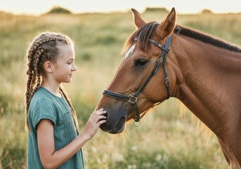 Girl with braided hair gently touching horse's nose in countryside field - Powered by Adobe