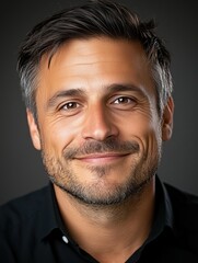 Portrait of a young German man with a beard with a thoughtful expression, soft studio lighting on a dark background