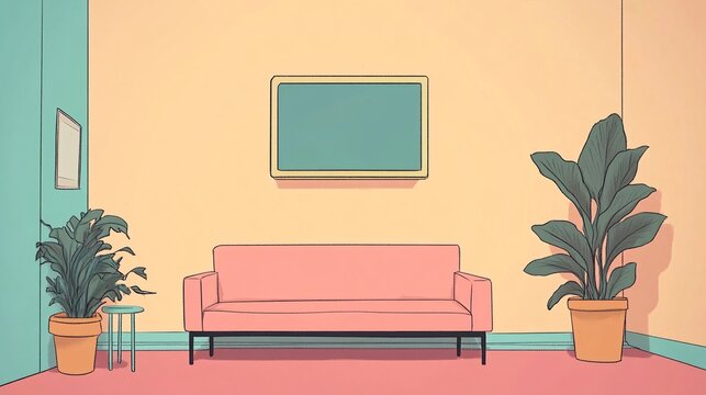 A plain-walled room with a couch and a TV, anime art style, simple and clean with a focus on soft, comforting colors