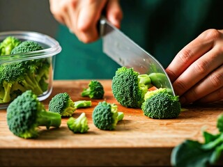 chopping fresh broccoli on a chopping board preparing healthy food containers. Healthy eating.