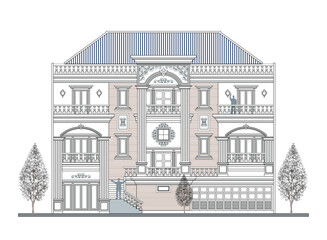 Facade of 3 storeys asymmetrical modern classic house with 3 doors, 78 windows, balustrade, frame, 64 columns, decoration, railing, canopy, crowns, balcony and garage.