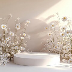 Stylish 3D podium mockup with a rectangular platform in the lower left corner, framed by soft daisies