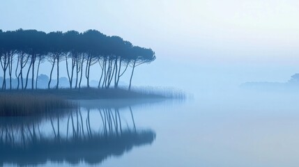 Misty morning landscape with tall trees reflected in a tranquil lake, AI
