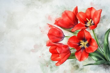 Hand-Drawn Red Tulip Bouquet: Watercolor Floral Illustration on White Background