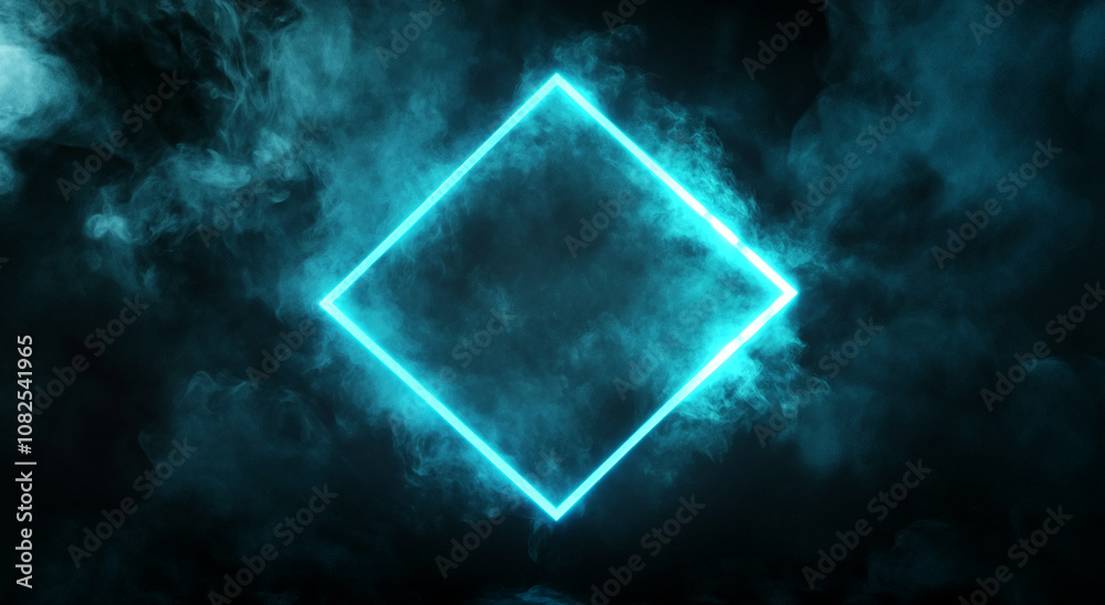 Poster a glowing blue square sits in the center of a dark, foggy background. the square appears to be made 