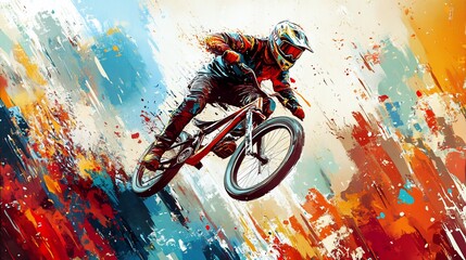 A mountain biker in mid-air, painted in a vibrant, abstract style.