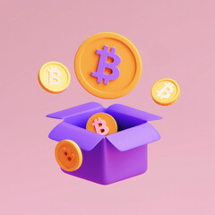 A vibrant 3D illustration of coins and a box representing cryptocurrency investment.