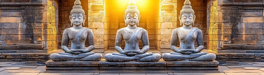 Three serene Buddha statues in a temple setting, illuminated by soft golden light.