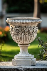 Luxurious Marble Flowerpot. Ancient Garden Sculpture with Classical Design