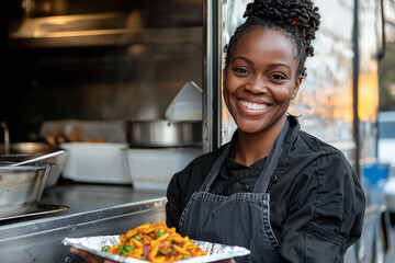 A young african american woman chef smiling warmly while serving a neatly presented takeaway meal from her food truck.