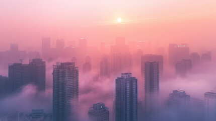 Dense Smog Over City High Rises at Dawn with.