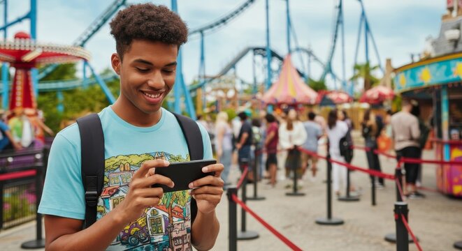 Young man enjoying mobile gaming at amusement park during summer vacation